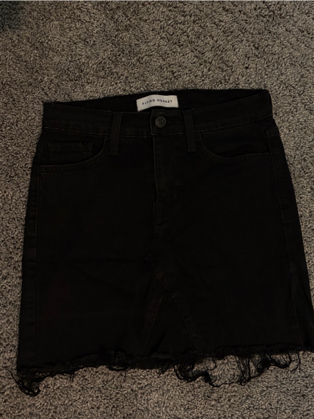 Flying Monkey Black Denim Mini Skirt with Frayed Hem